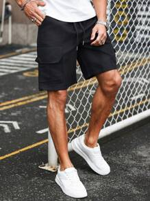 Men's Casual Cargo Shorts - Stylish Streetwear, Solid Color, Side Pocket And Adjustable Drawstring Belt, Polyester, Machine Washer, Loose Fitting Shorts | Sporty Look Shorts | Woven Shorts