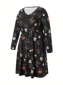 Women's Flowy Dress Elegant Long Sleeve V Neck Elastic Waist Pocket Dress Midi Dress - Black - View 2