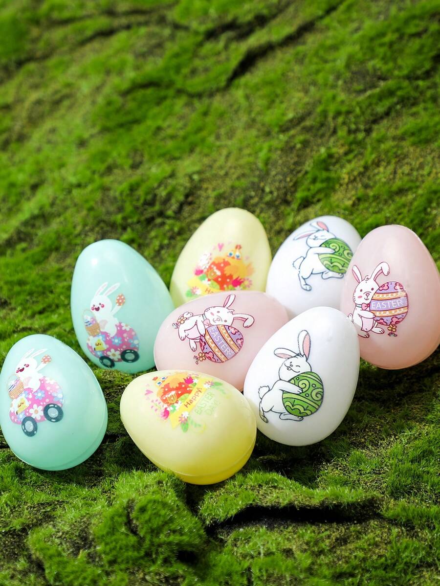 8Pcs Easter Eggs Easter Decorations Chicken Rabbit Pattern Plastic Switch Eggs Gift Favor Easter Party Outdoor Garden Home Decor