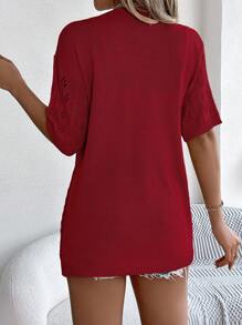 夏季镂空针织女式罩衫，简约纯色宽松中长短袖外套，轻盈慵懒的防晒披肩 - 紅色 - 查看 3