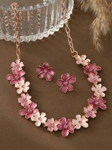 SophiaXuan 1 Set 2 Stücke Schmuckset im Boho-Stil, elegant, schlicht, niedlich, aus blau emaillierter Zinklegierung mit Blumenmotiv, bestehend aus Halskette und Ohrringen, geeignet für den täglichen Gebrauch von Frauen, Partys, Valentinstag Geschenk - Geometrie - Übersicht 13