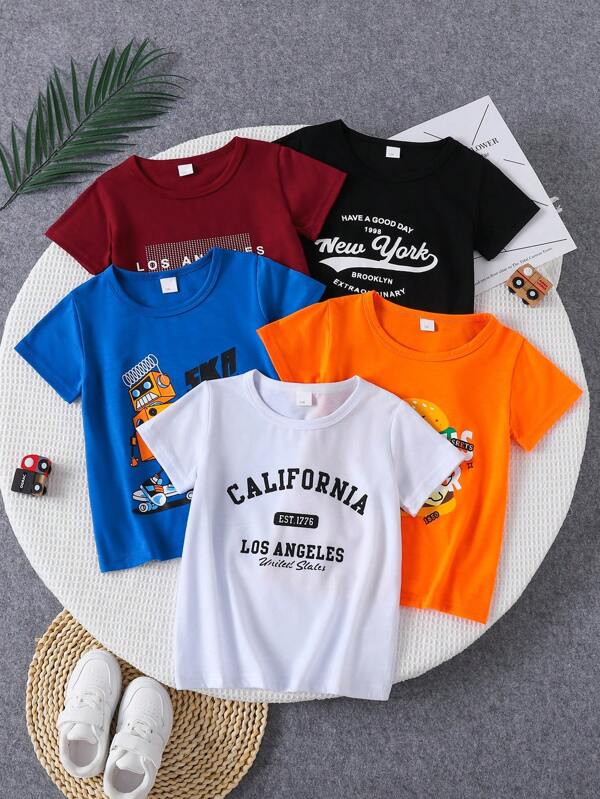 5pcs/Set Toddler Boys' Summer Hamburger, Robot, Letter Print Crew Neck Short Sleeve T-Shirt Outfit, Fashion, Casual, Sports, Outdoor Activities, Age 3-7