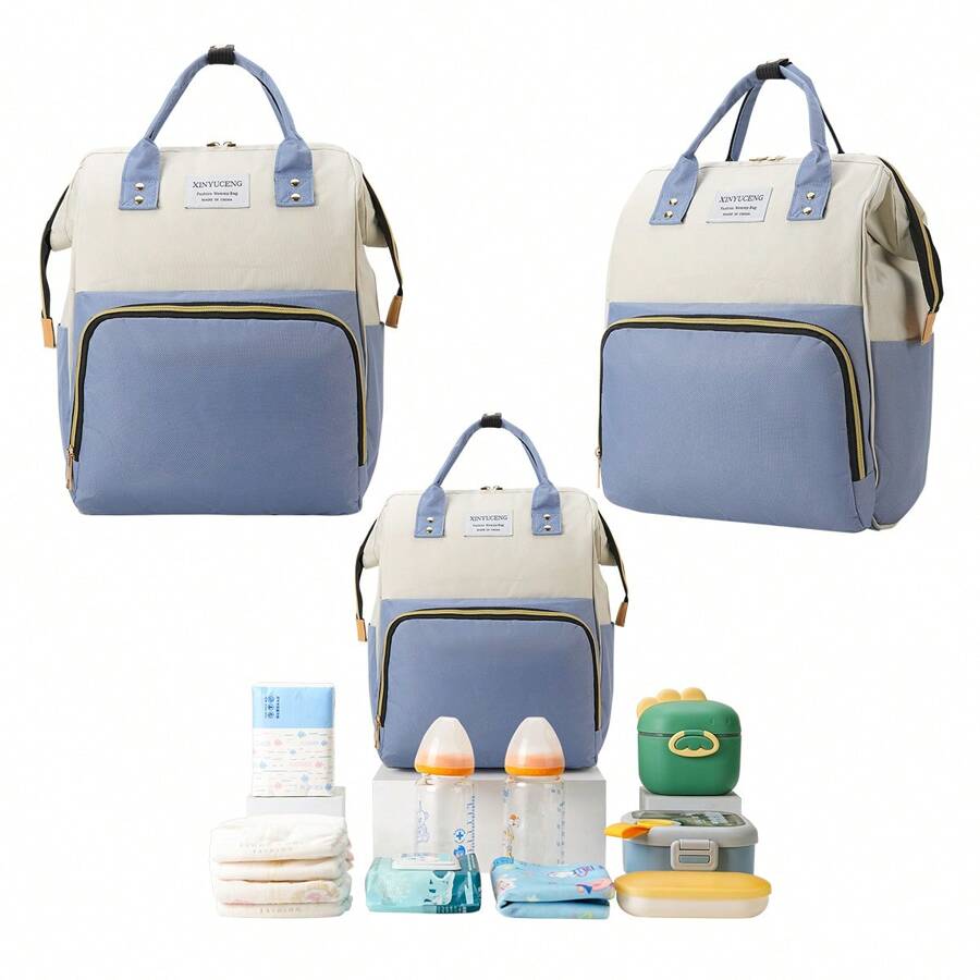 Large Capacity Maternity Bag, Fashionable Diaper Bag For Mom, Oxford Cloth Backpack With Insulated Bottle Holder