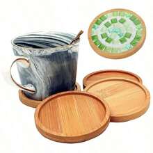 6 件装竹杯垫套装（不含支架）适用于咖啡桌、盆栽木质杯垫、办公桌保护、乔迁礼物、方形/圆形竹杯垫适用于花盆、饮料托盘、办公桌盆栽植物保护、家庭办公室装饰