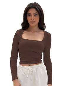 GEREARC Women's Crop Tops Square Neck Shirts Long Sleeve Cropped Tshirts Fitted Tees Basic Clothes Sexy - 咖啡豆 - 查看 4