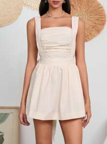 Women Sleeveless Tank Dress Ruched Big Bow Backless Square Neck Low Cut Summer Short Dresses - Beige - View 6