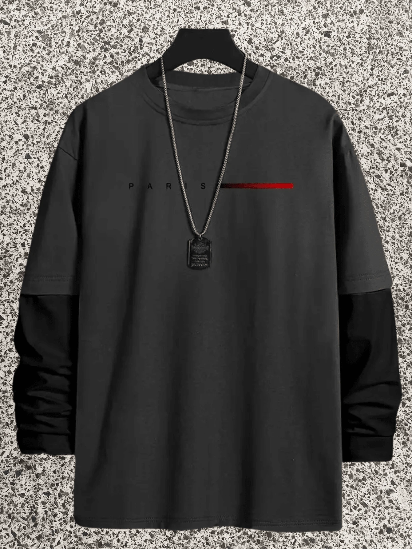 Long Sleeve T-Shirt Lead Streetwear Model: "Paris Red Basic Risk" - Tumblr Style/Special Launch - 深灰色 - 查看 1
