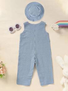 2pcs Baby Girls' Casual Easter Bunny Plaid Jumpsuit & Cap Set - Blue - View 2