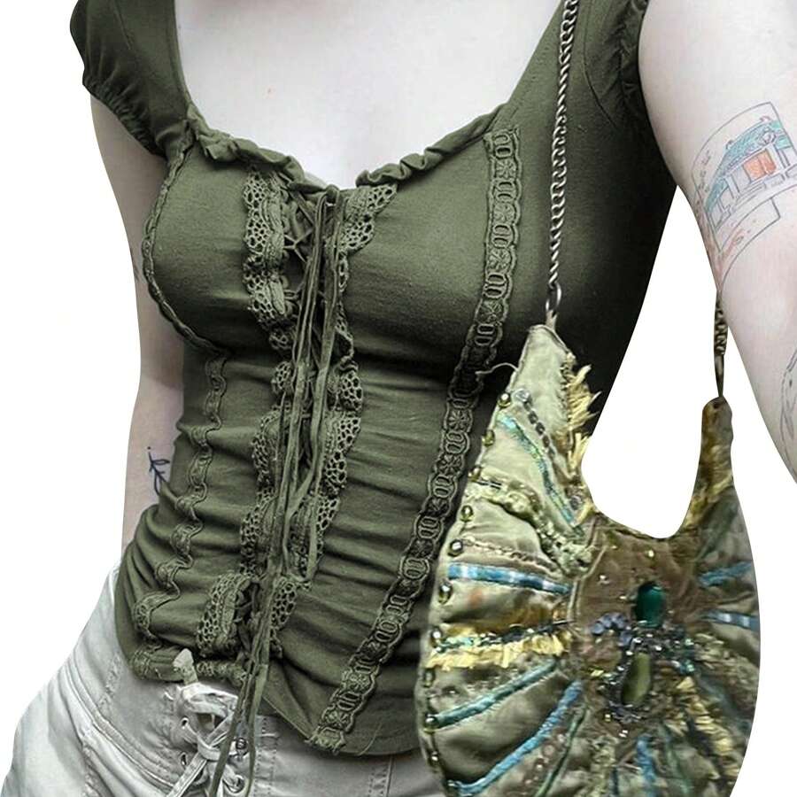 Women Y2k Vintage Crop Tops Summer Retro Lace Trim Tie Front Slim Fit Basic Blouse Tees Short Sleeve T-Shirt For Party Streetwear Fairy Grunge Gothic Clothes E-Girl Streetwear 90s - xanh quân đội - Xem 1