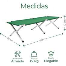 Raganet, Catre Plegable para Exteriores, Cama Portatil de 64 cm Ancho X 190 cm Largo X 42 cm Alto, Cama de Campismo con Estructura de Aluminio, Color Verde Militar - Negro - Ver 4