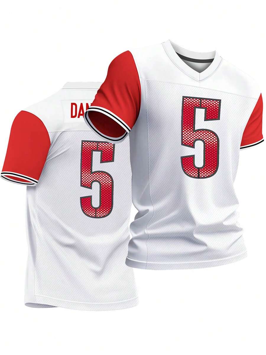 Camiseta de cuello en V de manga corta casual con bordados y costuras para hombres, diseño de camiseta de rugby de fútbol americano blanca