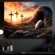 1pc Easter Empty Tomb & Three Crosses Canvas Art - Durable Wooden Framed Wall Decor, Classic Farmhouse Style Religious Painting For Home, Kitchen, Dining Room, Bedroom & Living Room 12*18inch