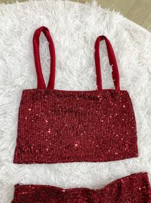 Women's Sequin Shorts Set With Pockets, Cropped Top And Straps For Bloggers - Burdeos - Ver 2