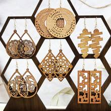 6 Pairs Of Wooden Carved Floral & Geometric Drop Earrings, Elegant For Vacation, Party, & Daily Wear