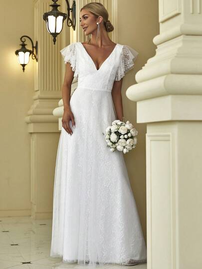 EVERPRETTY Sexy Ruffle Sheer Short Sleeve Lace Trim Backless White Wedding Dress Elegant