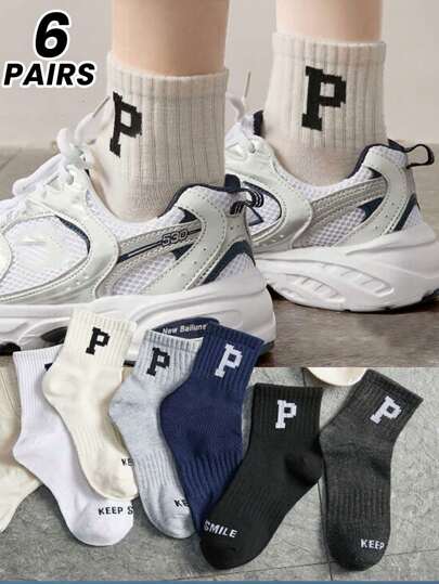 6 Paar Herren P-Buchstaben gestreifte Knöchelsocken, Einheitsgröße 37-43, 6 Farben