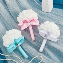 1PC Artificial Bridal Bouquet Simulation Flowers, In The Elaborately Crafted Wedding Scene By Hand, The Bride Gently Holds The Gorgeous Bouquet In Her Hand, While The Bridesmaids Hold Elegant Bouquets Decorated With Ribbons, Jointly Adding Warmth And Beau
