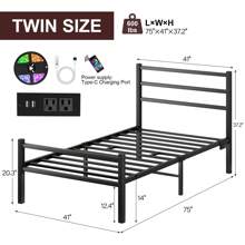 Twin Bed Frame With Headboard And Footboard, LED Bed Frame With Charging Station, Metal Bed For Boys/ Girls, Easy Assembly, Black/ White ( USB LED Strip) * Twin Bed Frame Beds Bed Frame Twin Bed Frame Queen Bed Frame Bed Queen Bed Frame King Bed Frame Bedroom Furniture Bed Frame Full Full Size Bed Frame Twin Bed Frame Beds Cozy Bedroom Home Bedroom Refresh Room Decor Home Decor Christmas Decor Bedroom Decor Valentine Day Decor Storage Living Room Decor Furniture House Decor - 查看 8