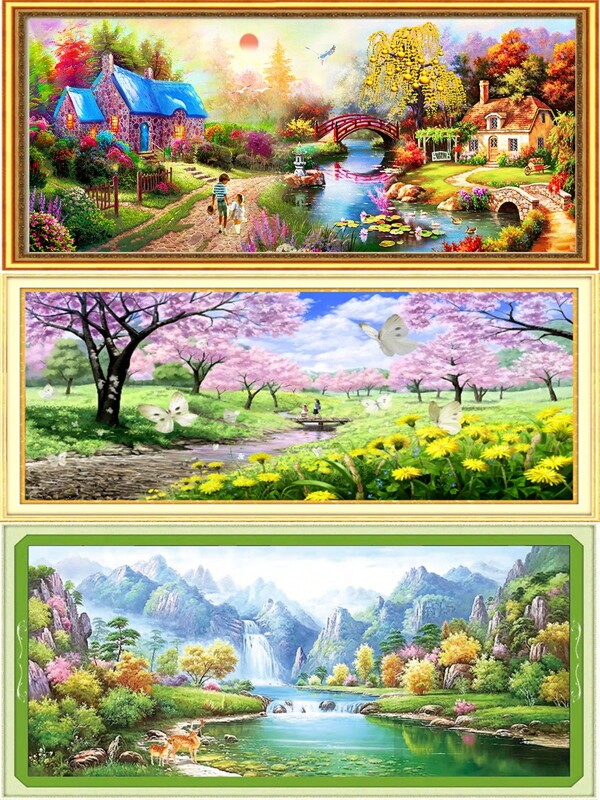 qingfei Precise Printed Green Mountains And Rivers, Deer Mother And Child, Warm Pastoral Countryside Cross-Stitch, Forest Landscape Painting With Deer, Suitable For Living Room, Hallway, Bedroom, Made In Vietnam/Cambodia