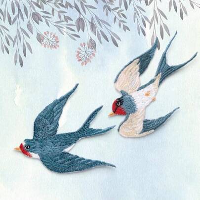 1 Pair Of Blue Swallow Bird Embroidered Fabric Patches, Decorative Sewing Applique For Qipao, Cheongsam And Other Garments
