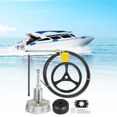 Outboard Steering System Marine Steering Kits With 10'-16' Boat Steering Cable 3/4'' Shaft And 13.5'' Wheel For Yachts Fishing Boats And Waterborne Vehicles