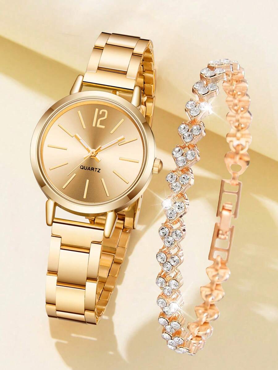2PCS Gold Alloy Strap Women's Watch Set Fashionable Elegant Simple Quartz Watch Bracelet Jewelry Set Perfect Gift For Her - Gold - View 1