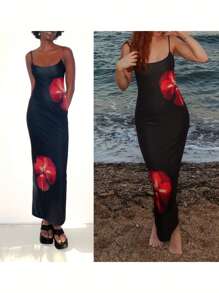 Women Cami Dress Flower Print Sleeveless Backless Dress Long Bodycon Dress Party Dress - 紅色 - 查看 10