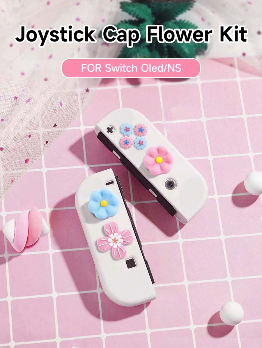 Phím điều hướng họa tiết hoa dễ thương và nắp nút ABXY, tương thích với nút điều khiển trò chơi Switch NS/Switch OLED, Bộ nắp cần điều khiển Joycon, Phụ kiện chơi game