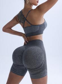 女式两件套运动套装罗纹U领可调节肩带运动文胸和高腰短裤