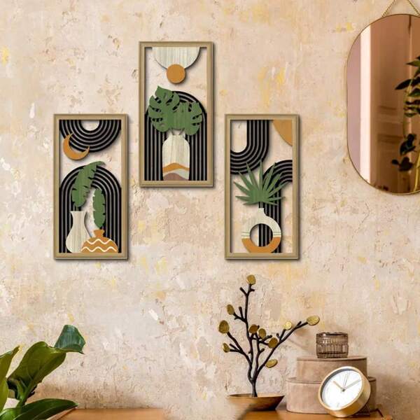 Juego de 3 piezas de decoración de pared de madera - Pinturas artesanales huecas con jarrones, plantas y hojas de plátano, estilo bohemio para decoración de oficina, jardín exterior, decoración de primavera, decoración de habitación, decoración de jardín, decoración de boda, decoración del hogar