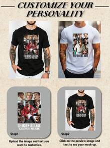 Camiseta personalizada personalizable para hombre, personalizar con texto, cargar tu foto/pareja/mejor amigo/mascota/paisaje/familia, camiseta negra para primavera/verano, atuendo del Día de San Valentín, regalo para fiestas, regalo de aniversario, uniforme de la empresa, atuendo de festival de música, regalo para él, camiseta de cuello redondo de manga corta para hombres, ropa para fiestas, camisa negra para hombres, ropa de primavera/verano