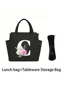 2 pièces/Set Sacs isothermes imprimés avec lettres A-Z et boîte de rangement pour couverts, sac à lunch à double poche