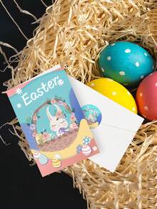 6pcs Easter Greeting Card, Easter Bunny Pattern Holiday Blessing Card Invitation Card With Envelope Sticker - Multicolor - View 5