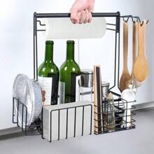 BBQ And Grill Caddy With Paper Towel Holder, Iron Steel Handle & 4 Hooks – Camper Accessories Condiment Caddy – Plates, Cutlery And BBQ Organizer For Camping Outdoor Grilling Tool Accessories