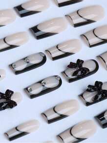 24 片中长方形黑色指甲性感神秘黑色芭蕾风格带闪钻全覆盖亚克力法式假指甲派对必备按压式指甲带果冻胶 1 片摩擦条 1 件美甲用品指甲 - 黑色 - 查看 3