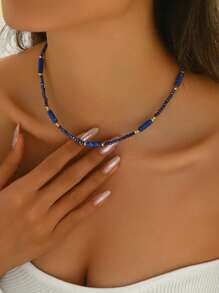1pc Women Bohemian Braided Beaded Crystal Necklace - Royal Blue - View 2