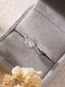 1pc Bypass CZ Engagement Ring With Jewelry Gift Box, Cubic Zirconia ( Imitation Rhinestone ) Adjustable Rings For Women - White - View 6