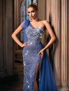 Gorgeous Haze Blue Women Slash Neck High Split Formal Evening Gown Dress With Beading - Dusty Blue - View 9