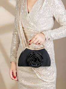 1 pieza Bolso de mano elegante de metal con decoración de flor de rosa, adecuado para reuniones de mujeres, bodas, cenas formales, fiestas de chicas/mujeres, regalo perfecto para mujeres, ideal para fiestas, bodas, bailes de graduación, banquetes, que combina con vestidos de fiesta, vestidos de noche y vestidos de lentejuelas