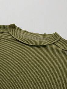 Acelitt Summer Casual Solid Color Loose Knitted Textured Striped Round Neck Short Sleeve T-Shirt - Army Green - View 7