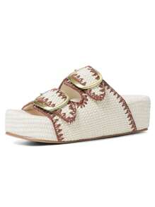 Summer Raffia Platform Sandals Women Thick Bottom Rivit Buckle Slippers Comfy Fashion Dress Beach Women Slides Shoes - 白色 - 查看 5