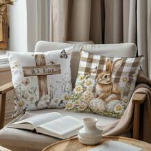 4 件套复活节格子兔子和鸡蛋抱枕套套装，单面桃色天鹅绒面料，45 * 45 厘米/18 * 18 英寸枕套，适用于现代简约沙发客厅装饰、礼物、派对装饰 - 彩色 - 查看 6