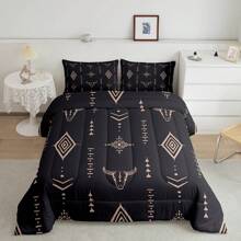 Erosebridal 2/3 Pcs Bull Skull Comforter Set - Boho Bedding Set, Exotic Horns Bohemian Bedding Comforter Sets, Mysterious Symbol Bedroom Decor, Animal Quilt Set, Black Brown Abstract Geometric Bed Set For Men Teens, Soft Comfortable(Microfiber)