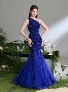 Alisa&Leo 单肩亮片青少年晚礼服搭配薄纱美人鱼裙 - 优雅正式礼服，适合庆典活动、红毯庆典、毕业舞会、慈善晚宴 - 寶藍色 - 查看 4