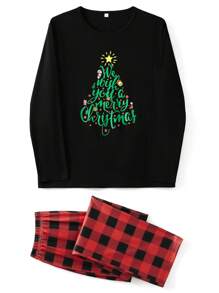 Conjunto de pijama a juego familiar de Navidad, camiseta de manga larga con estampado de árbol y pantalón a cuadros, ropa de dormir y de estar por casa
