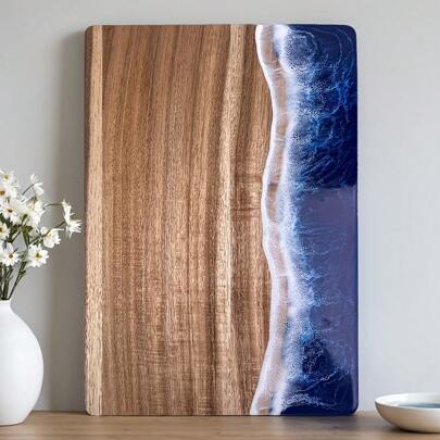 1pc Blue Ocean Wave Design Resin & Paulownia Wood Composite Cutting Board