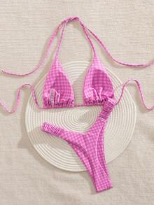 PEPPERMOLLY New Plaid Soft Halter Tie Back Cute Bikini, Women Summer Beach Fashion Swimwear Set, Rose Red - Hot Pink - View 2