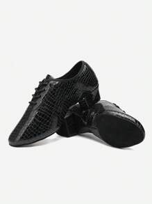 闪亮黑色纹理圆头休闲正装鞋，低跟透气黑色舞鞋，系带皮革爵士鞋 - 黑色 - 查看 5