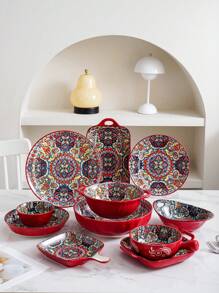 طقم أواني طعام سيراميكية بأسلوب بوهيمي، بألوان حمراء وزرقاء، وبأنماط نردية ورجعية من الزهور، أطقم أوانٍ وأطباق راقية مناسبة للفنادق والمطاعم والمطبخ المنزلي والاحتفالات والهدايا للزفاف، بتصاميم متنوعة من وعاء الأرز وطبق الحساء وصحن الطعام والصينية الكبيرة والمستلزمات المدرسية - الأزرق - مشاهدة 3