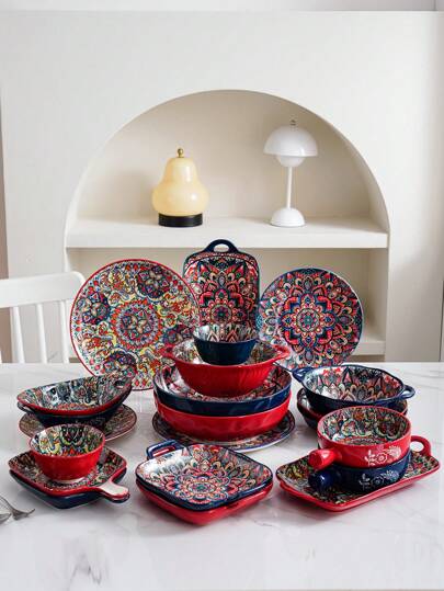 1 Set Ceramic Bohemian Style Tableware, Red & Blue Color, Nordic & Retro Floral Pattern, Creative High-End Bowls & Plates, Suitable For Hotel, Restaurant, Home Kitchen, Celebration, Wedding Gift, Various Styles Of Rice Bowl, Soup Bowl, Dinner Plate, Serving Platter,School Supplies